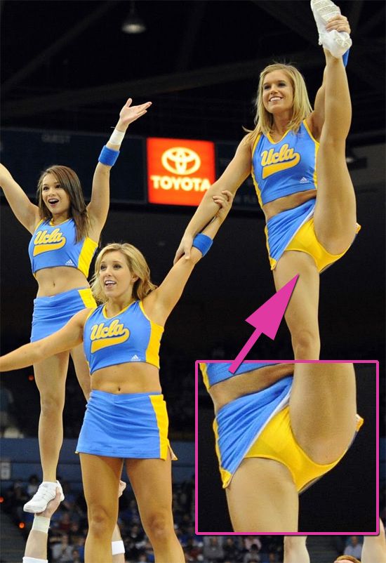 A blonde cheerleader shows us her yellow panty upskirt