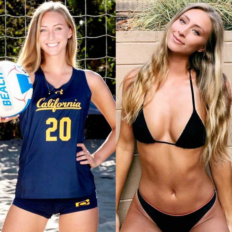 Blonde volleyball player in her uniform and bikini